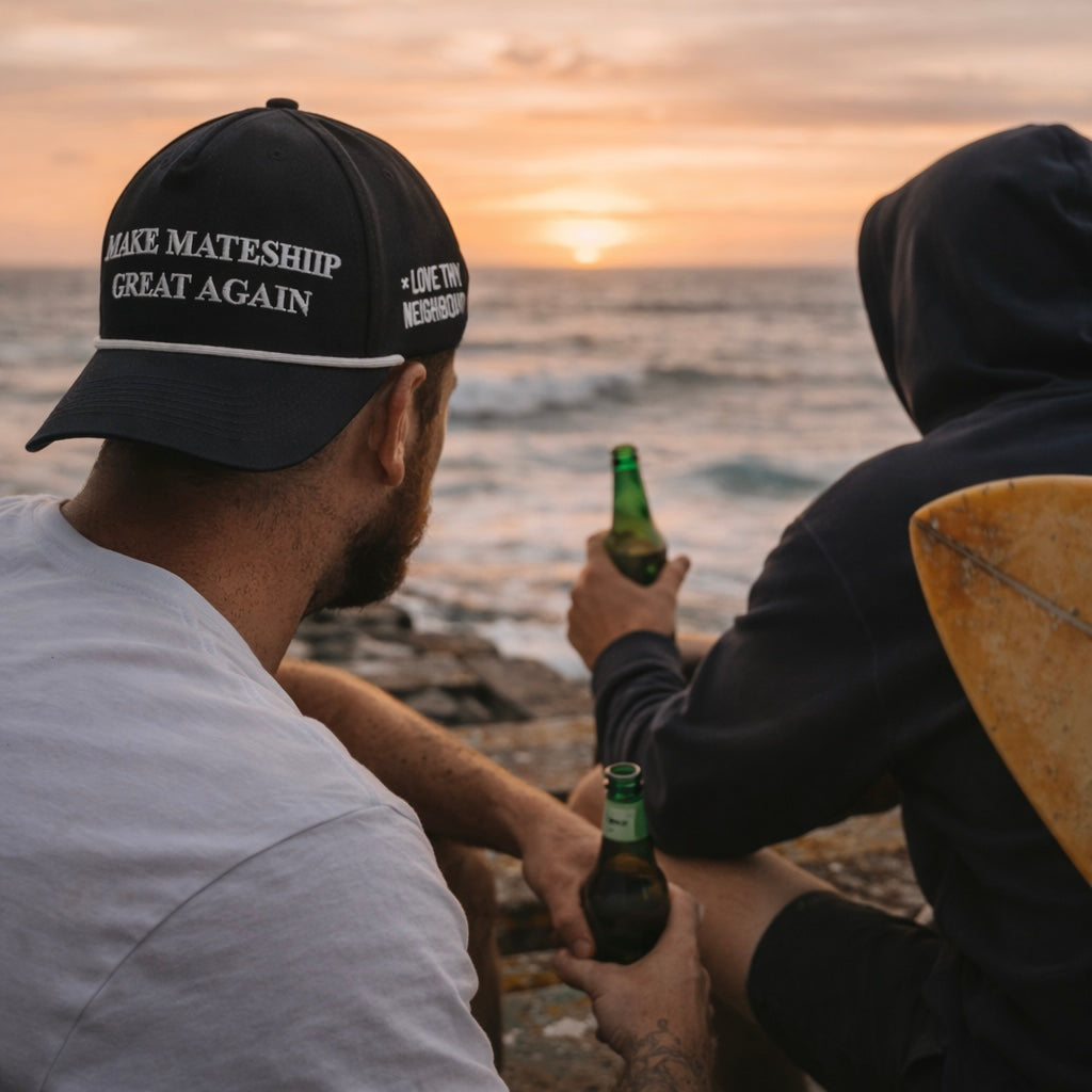 Two people sitting by the ocean at sunset, one wearing a cap with text, holding beer bottles.